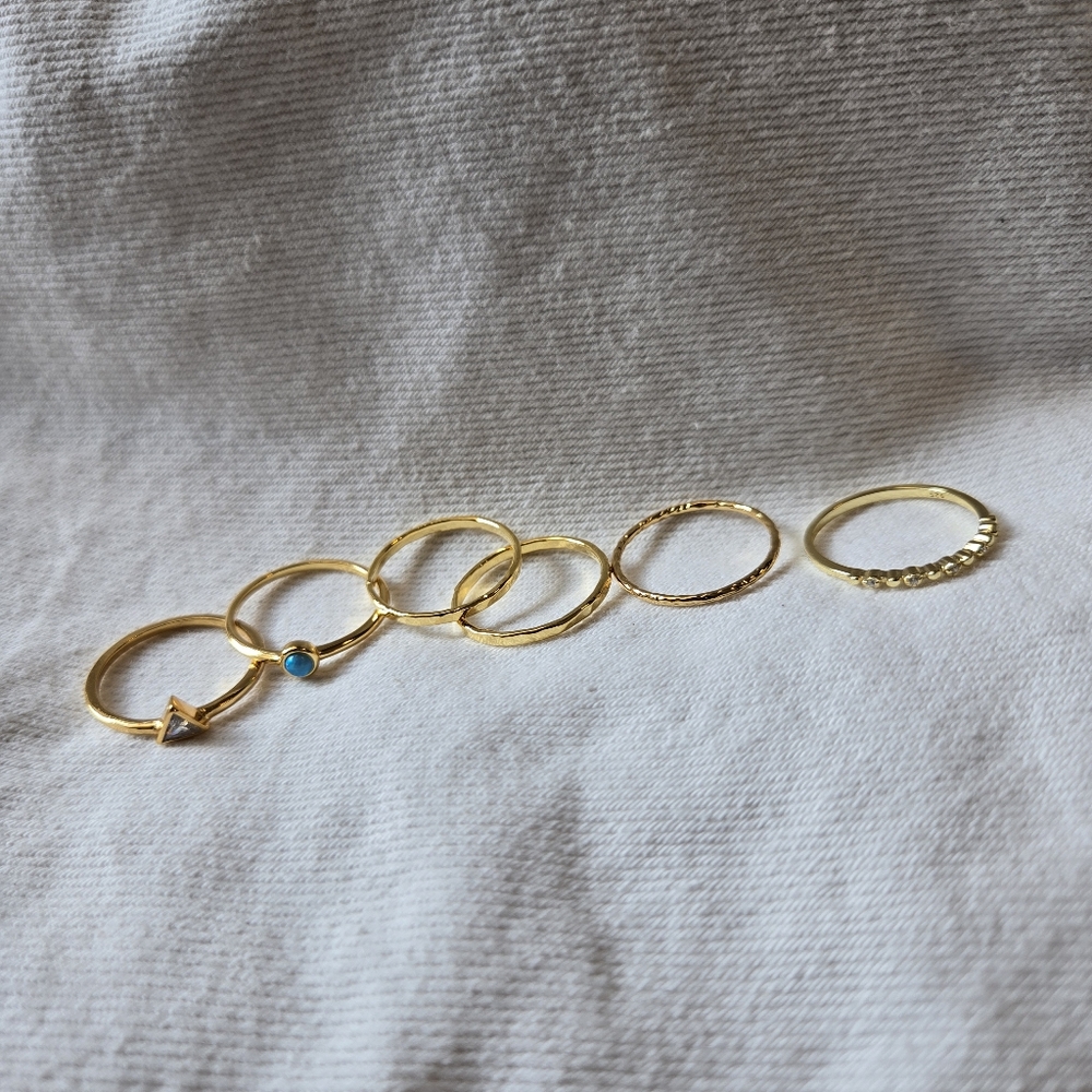 Gold Dainty Blue Opal CZ Stacking Ring SET Size 6 Engagement boho western